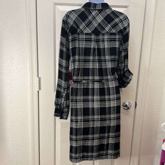 BLL Nyc Woman’s Large Black White Plaid Dress Button Front Tie Belt Pocket New - Picture 8 of 11
